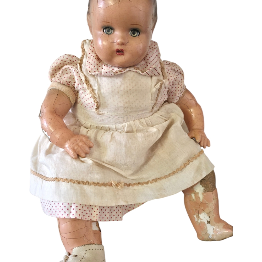 Vintage Baby Doll in Cream and Pink Dress - Classic Kids Toy